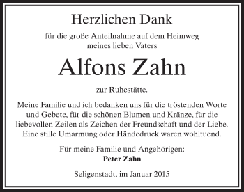 Todesanzeige von Alfons Zahn von Offenbach
