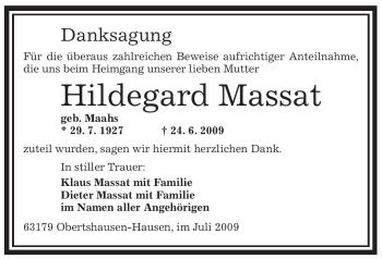 Todesanzeige von Hildegard Massat von OFFENBACH-POST/HANAU-POST