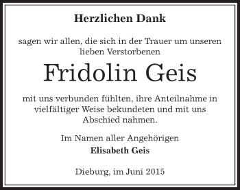 Todesanzeige von Fridolin Geis von Offenbach