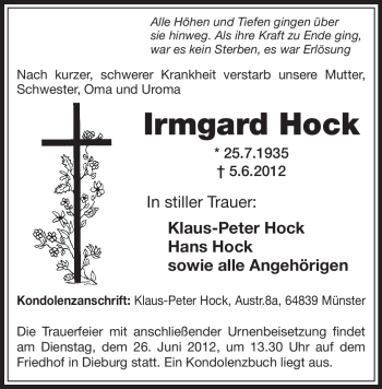 Todesanzeige von Irmgard Hock von OFFENBACH-POST/HANAU-POST