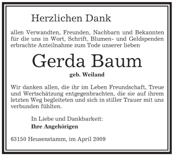 Todesanzeige von Gerda Baum von OFFENBACH-POST/HANAU-POST