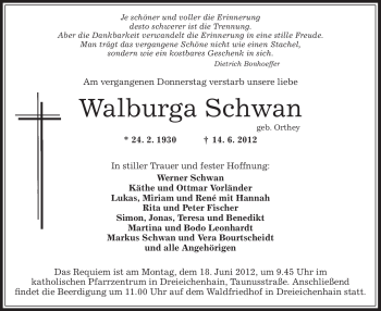 Todesanzeige von Walburga Schwan von OFFENBACH-POST/HANAU-POST