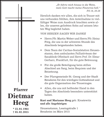 Todesanzeige von Dietmar Heeg von Offenbach