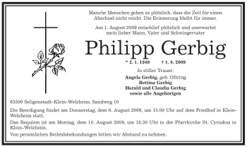 Todesanzeige von Philipp Gerbig von OFFENBACH-POST/HANAU-POST