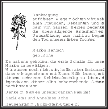 Todesanzeige von Marion Hanisch von OFFENBACH-POST/HANAU-POST