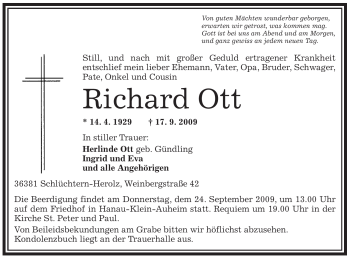 Todesanzeige von Richard Ott von OFFENBACH-POST/HANAU-POST