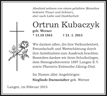 Todesanzeige von Ortrun Kubaczyk von Offenbach