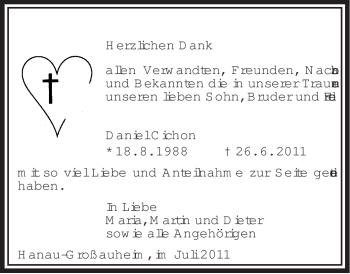 Todesanzeige von Daniel Cichon von OFFENBACH-POST/HANAU-POST