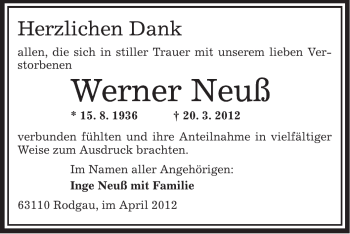 Todesanzeige von Werner Neuß von OFFENBACH-POST/HANAU-POST