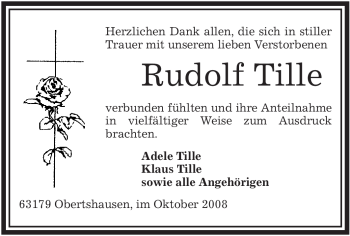 Todesanzeige von Rudolf Tille von OFFENBACH-POST/HANAU-POST