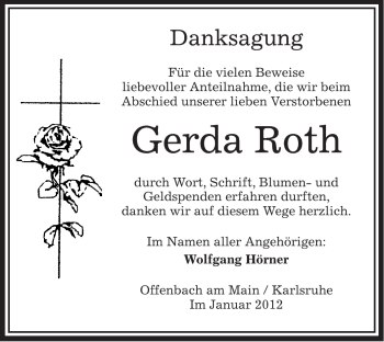 Todesanzeige von Gerda Roth von OFFENBACH-POST/HANAU-POST