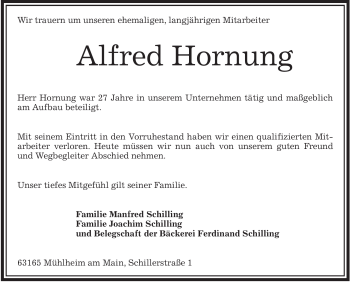 Todesanzeige von Alfred Hornung von OFFENBACH-POST/HANAU-POST
