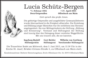 Todesanzeige von Lucia Schütz-Bergen von Offenbach