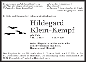 Todesanzeige von Hildegard Klein-Kempf von OFFENBACH-POST/HANAU-POST