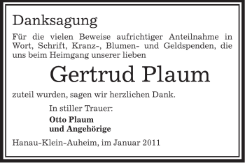 Todesanzeige von Getrud Plaum von OFFENBACH-POST/HANAU-POST