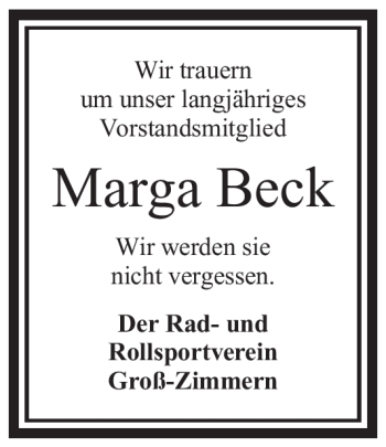 Todesanzeige von Marga Beck von OFFENBACH-POST/HANAU-POST