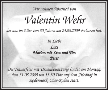 Todesanzeige von Valentin Wehr von OFFENBACH-POST/HANAU-POST