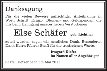 Todesanzeige von Else Schäfer von OFFENBACH-POST/HANAU-POST