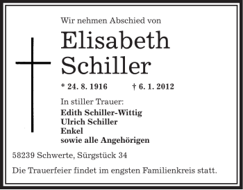 Todesanzeige von Elisabeth Schiller von OFFENBACH-POST/HANAU-POST