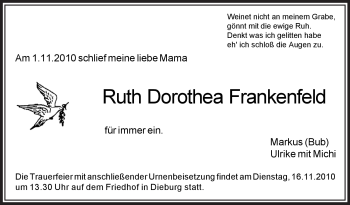 Todesanzeige von Ruth Dorothea Frankenfeld von OFFENBACH-POST/HANAU-POST