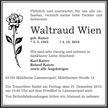 Todesanzeige von Waltraud Wien von OFFENBACH-POST/HANAU-POST