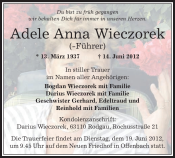 Todesanzeige von Adele Anna Wieczorek von OFFENBACH-POST/HANAU-POST