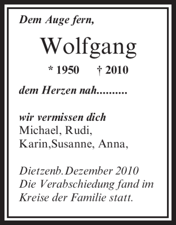 Todesanzeige von Wolfgang Unbekannt von OFFENBACH-POST/HANAU-POST