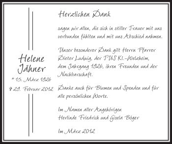 Todesanzeige von Helene Jähner von OFFENBACH-POST/HANAU-POST