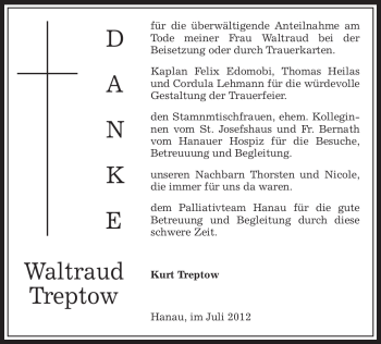 Todesanzeige von Waltraud Treptow von OFFENBACH-POST/HANAU-POST