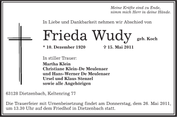 Todesanzeige von Frieda Wudy von OFFENBACH-POST/HANAU-POST