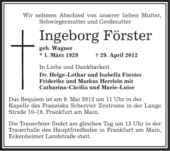 Todesanzeige von Ingeborg Förster von OFFENBACH-POST/HANAU-POST