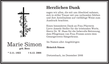 Todesanzeige von Marie Simon von OFFENBACH-POST/HANAU-POST