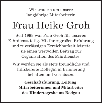 Todesanzeige von Heike Groh von Offenbach