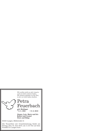 Todesanzeige von Petra Feuerbach von OFFENBACH-POST/HANAU-POST
