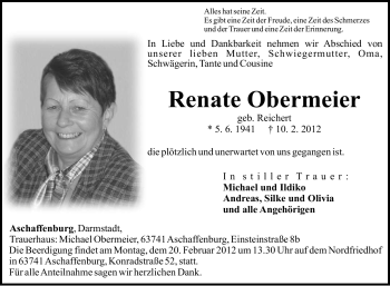 Todesanzeige von Renate Obermeier von OFFENBACH-POST/HANAU-POST