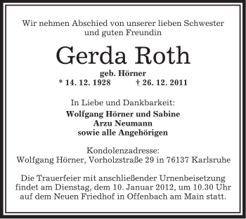 Todesanzeige von Gerda Roth von OFFENBACH-POST/HANAU-POST