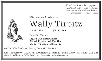 Todesanzeige von 63075 Offenbach am Main Wally von OFFENBACH-POST/HANAU-POST