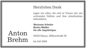 Todesanzeige von Anton Brehm von OFFENBACH-POST/HANAU-POST