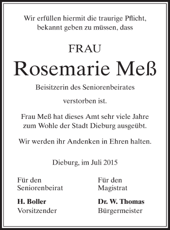 Todesanzeige von Rosemarie Meß von Offenbach