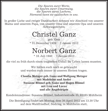 Todesanzeige von Norbert Ganz von OFFENBACH-POST/HANAU-POST