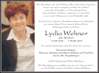 Todesanzeige von Lydia Wehner von OFFENBACH-POST/HANAU-POST