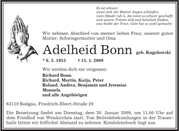 Todesanzeige von Adelheid Bonn von OFFENBACH-POST/HANAU-POST