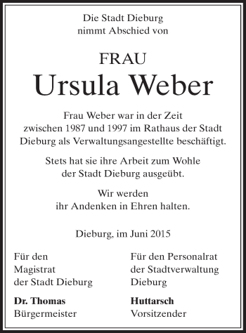 Todesanzeige von Ursula Weber von Offenbach