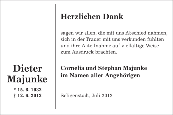 Todesanzeige von Dieter Majunke von OFFENBACH-POST/HANAU-POST
