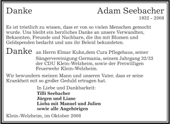 Todesanzeige von Adam Seebacher von OFFENBACH-POST/HANAU-POST