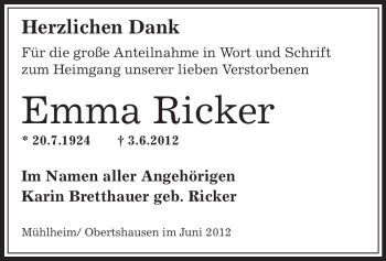 Todesanzeige von Emma Ricker von OFFENBACH-POST/HANAU-POST