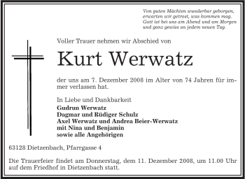 Todesanzeige von Kurt Werwatz von OFFENBACH-POST/HANAU-POST