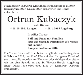 Todesanzeige von Ortrun Kubaczyk von Offenbach