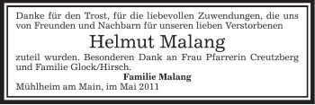 Todesanzeige von Helmut Malang von OFFENBACH-POST/HANAU-POST
