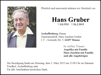 Todesanzeige von Hans Gruber von Offenbach